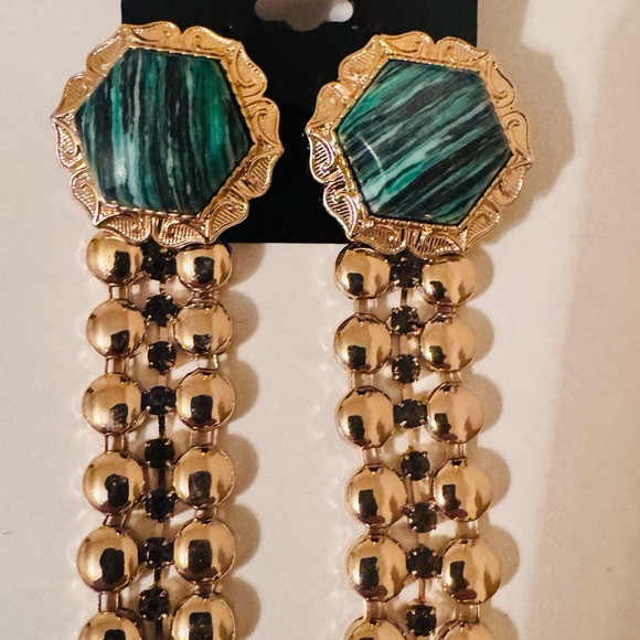 ASOS Green Marble Resin Stone and Gold Metal Link Dangle Earrings, NWT - Picture 5 of 8
